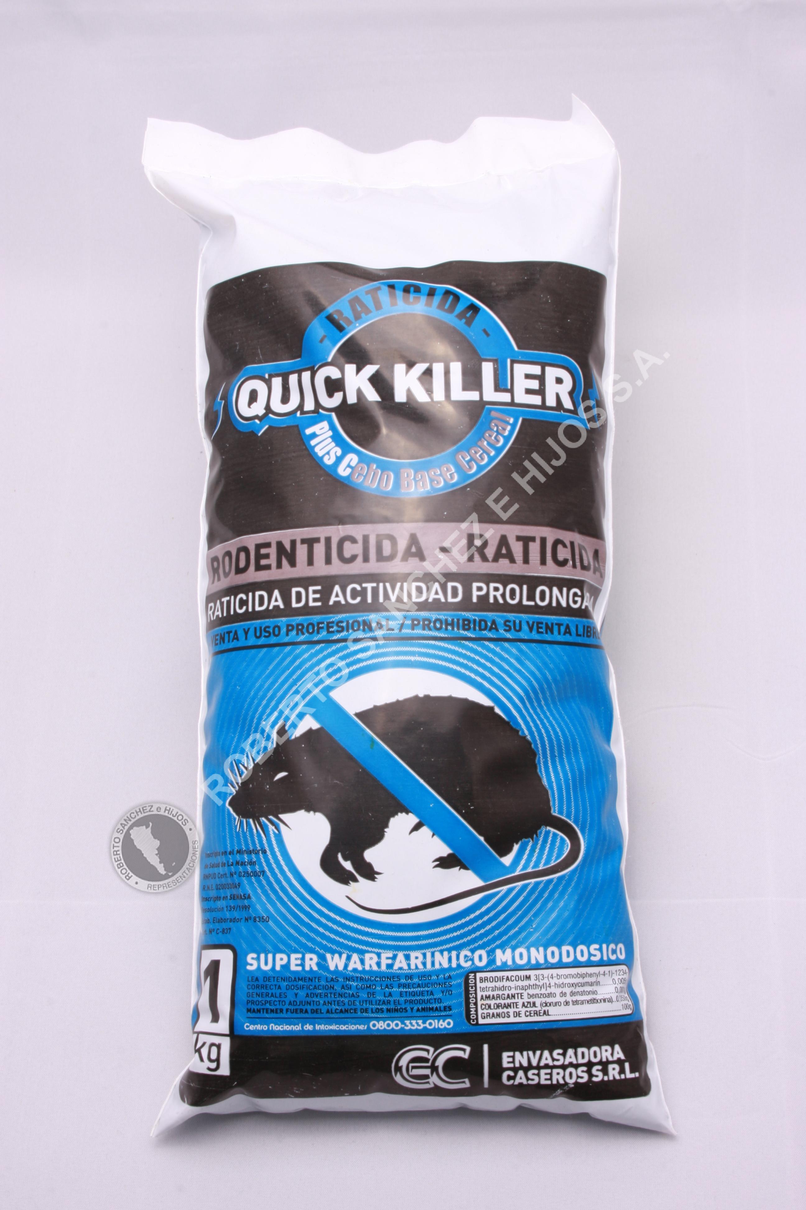 RATICIDA EN GRANO QUICK KILLER PLUS C A BASE DE BRODIFACOUM ESTUCHE X 1 KG.(CAJA X 8 UNIDADES)